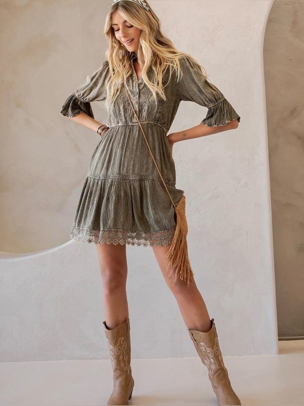 Young Threads Vintage Romance Stone-Washed
Baby Doll Dress with V-Neck